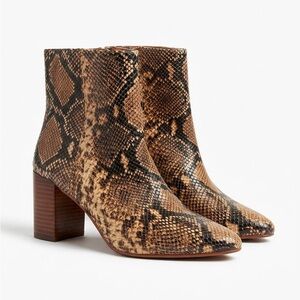 Madewell- Brown Leather Snake-Print Block Heel Ankle Boots